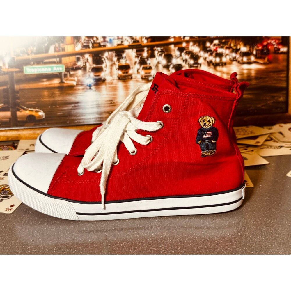 Polo Ralph Lauren Hamptyn Hi II Bear High Top Sneakers Red White Canvas Men’s 7